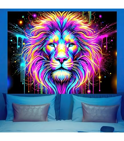 Amazon.com: Blacklight Lion Tapestry, Neon Trippy Galaxy Space UV